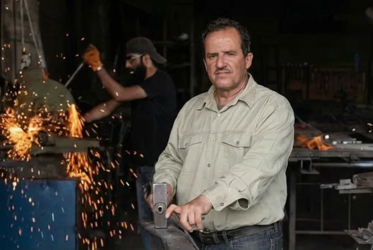 Master blacksmith Amine Issa at the anvil in his Douma workshop, sparks flying behind him