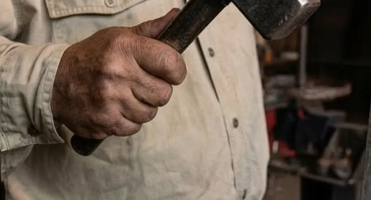 Close-up of a blacksmith's hand gripping a forging hammer